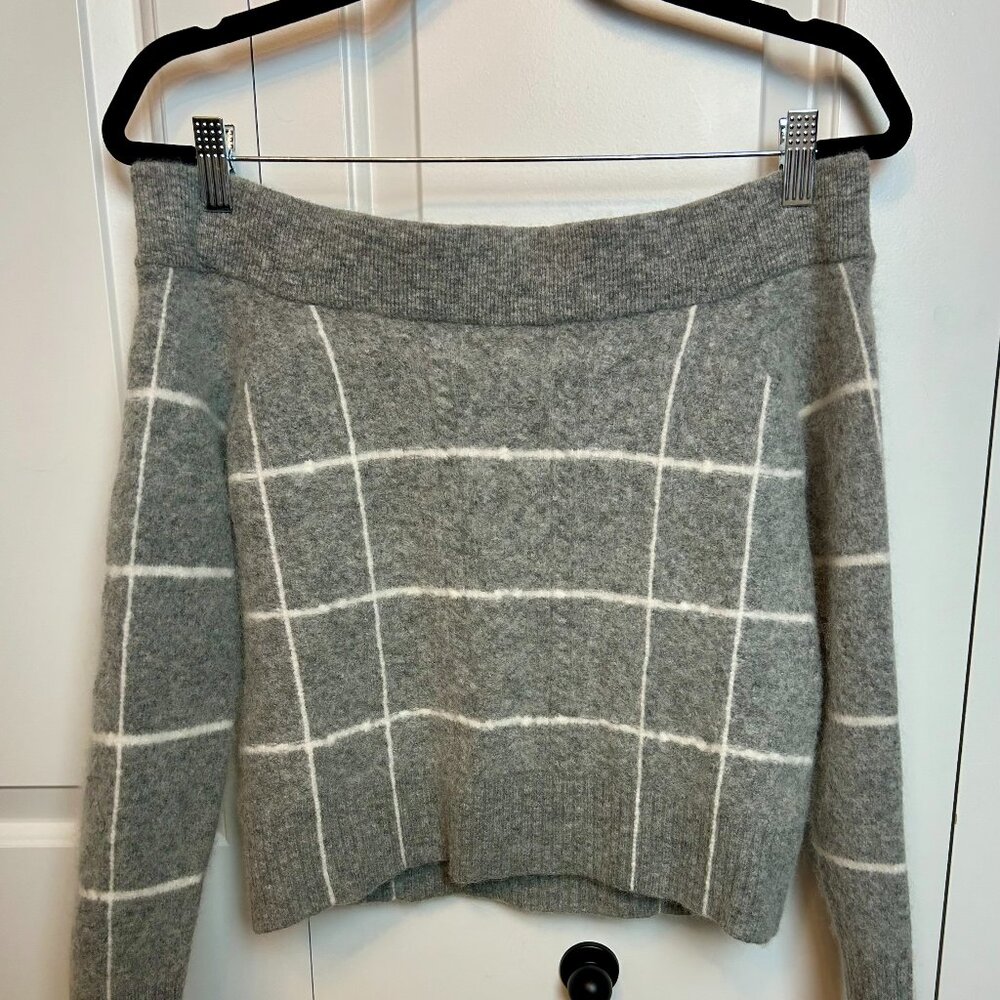 Grey Windowpane Off the Shoulder Wool Sweater - Dh New York
